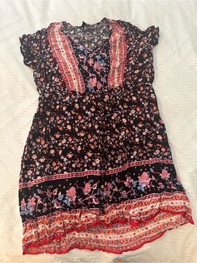 SHEIN Curve Floral V-Neck Blouse in Black with Pink & Blue Flowers